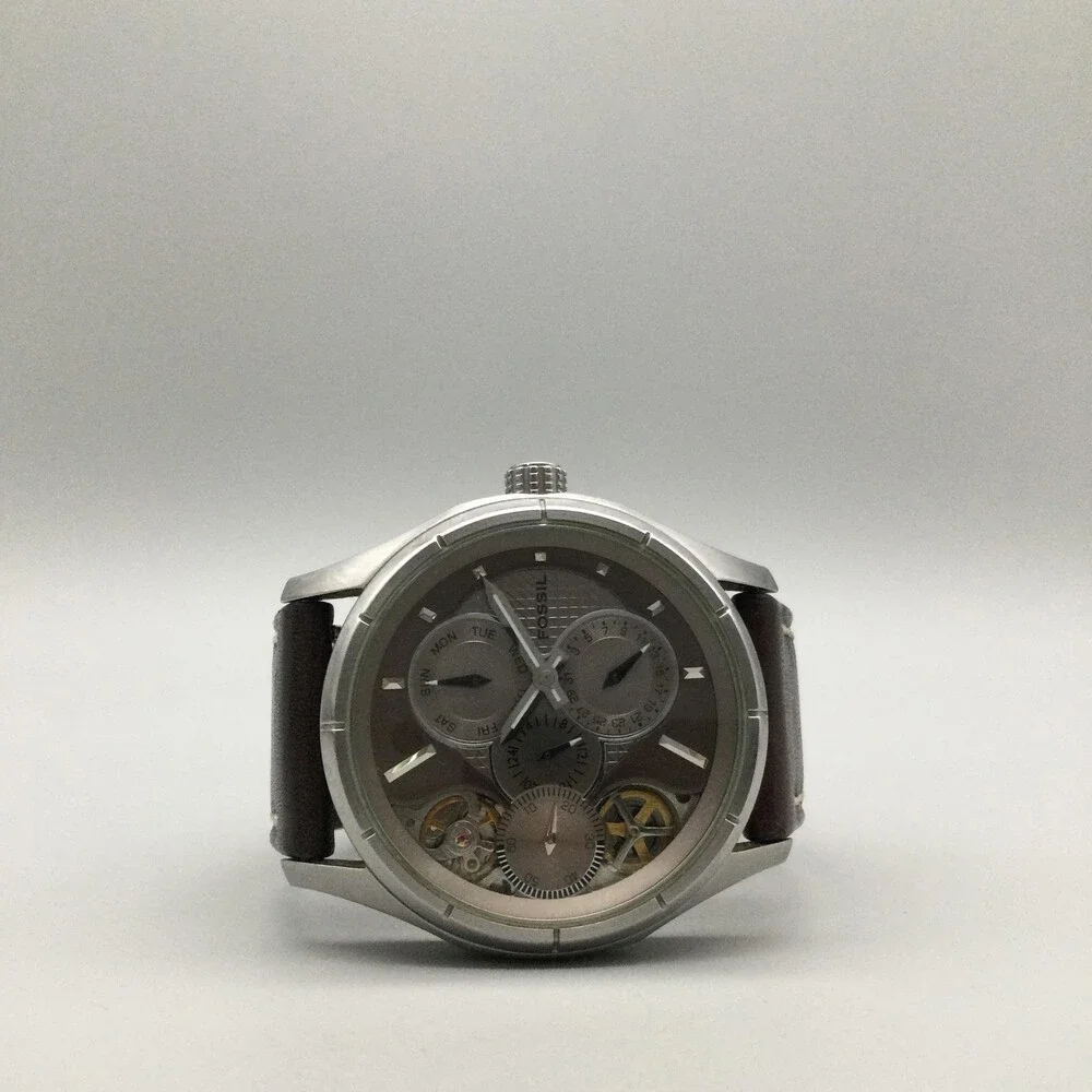 Fossil Twist Mens Watch 42mm Brown Skeleton Dial Leather Automatic Multifunction